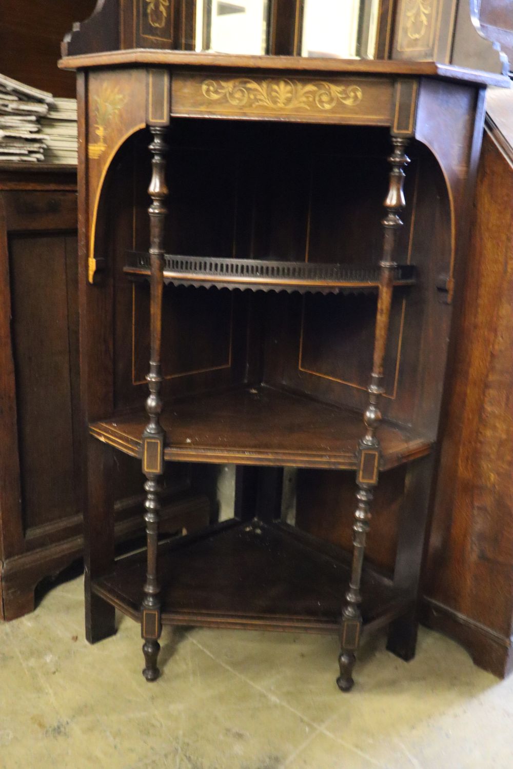 A late Victorian inlaid rosewood mirrored standing corner cabinet, width 66cm, depth 44cm, height 214cm